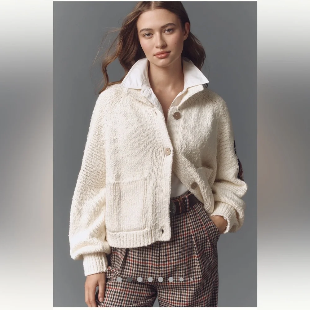 Anthropologie Cream Cardigan Sweater with Brown Horse Intarsia - Picture 2 of 16